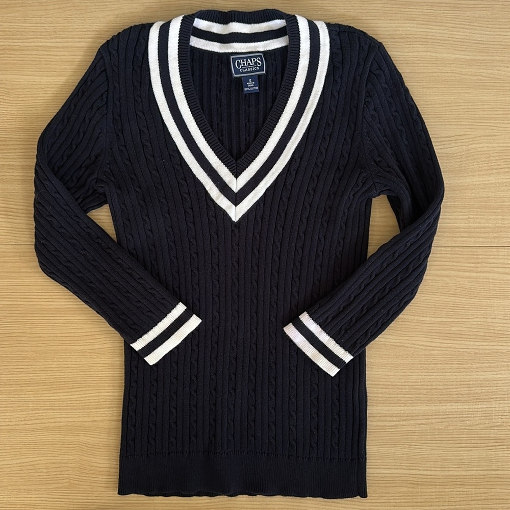 Chaps Navy Cable V Neck Sweater Small